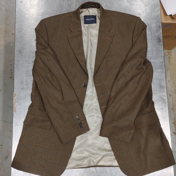 Excellent Condition Nautica 100% Wool Men's Plaid Brown Suit Jacket Chest 24in - Picture 1 of 4